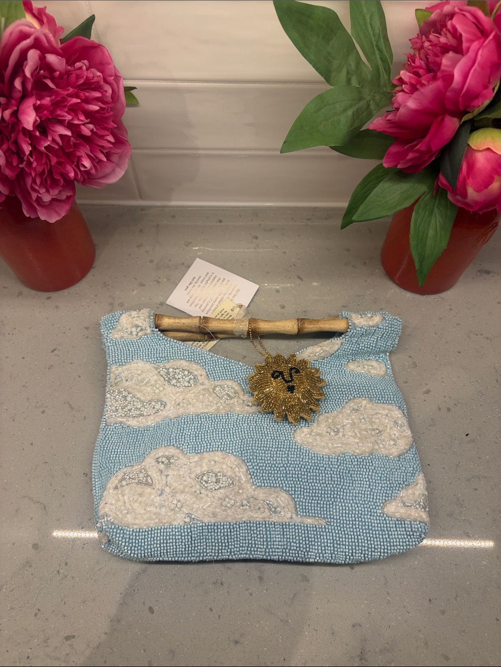 Blue Cloud Beaded Handbag with Gold Sun Charm